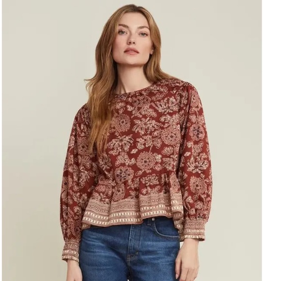 Veronica Beard Rust and Cream Kester Peplum Bohemian Blouse, Size 8 - Picture 1 of 9